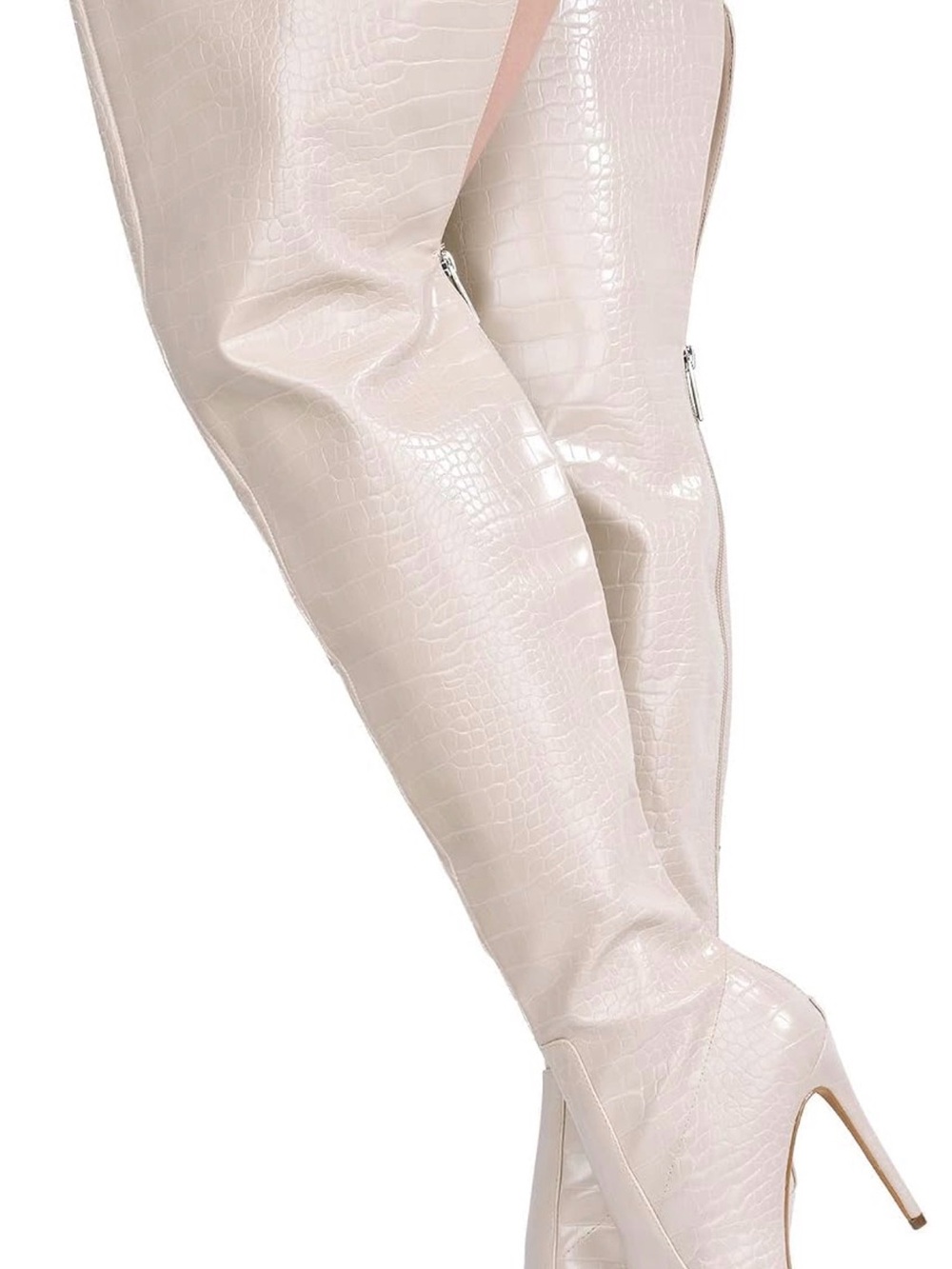 Cape Robbin Croc-Embossed Over-the-Knee Stiletto Boots in Light Beige